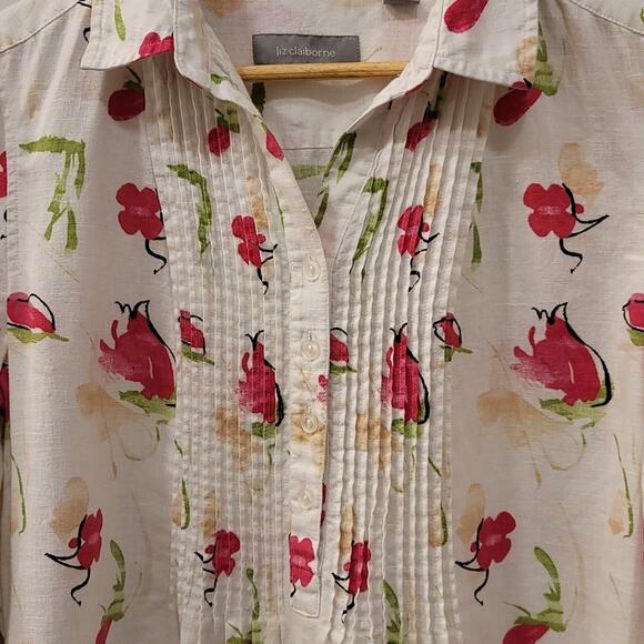 Liz Claiborne Floral Linen Tunic with roll tab sleeves - Picture 3 of 10